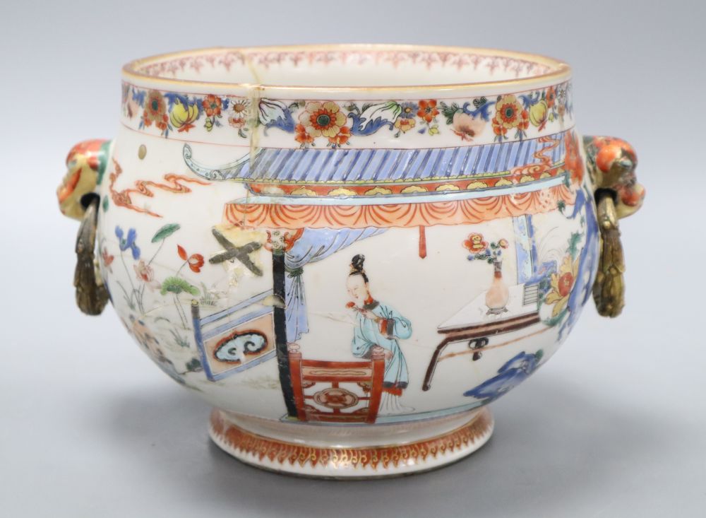 A Chinese enamelled porcelain bowl, Yongzheng period, French ormolu handles, height 17cm (a.f.)